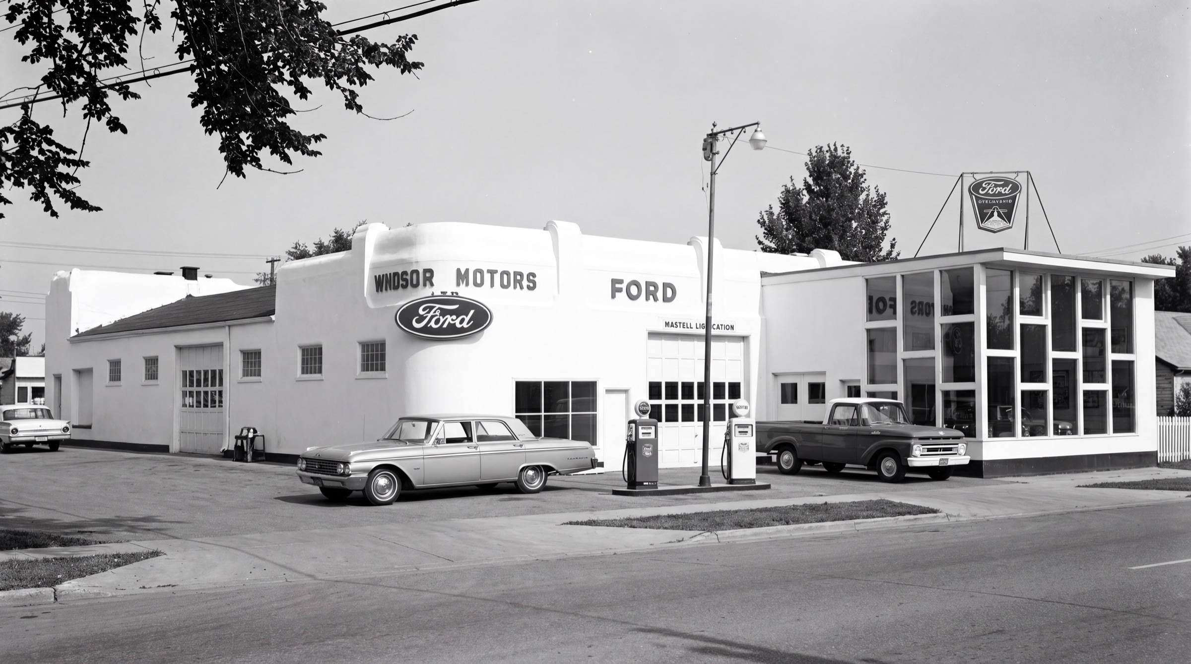 The Windsor Motors building rebranded with the Ford oval after joining Ford Motor Company in 1962