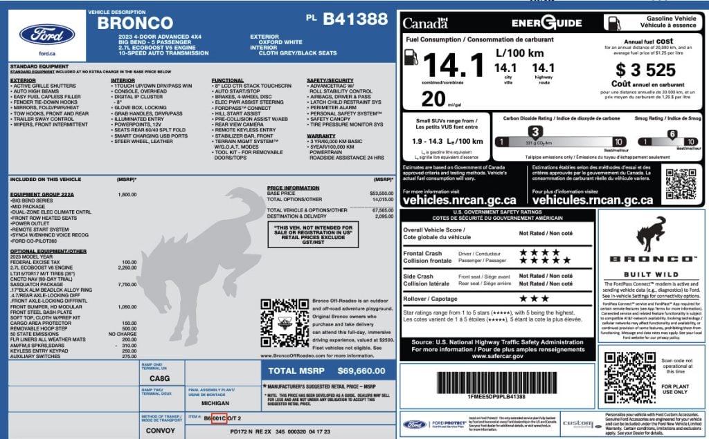 Ford order number example showing window sticker