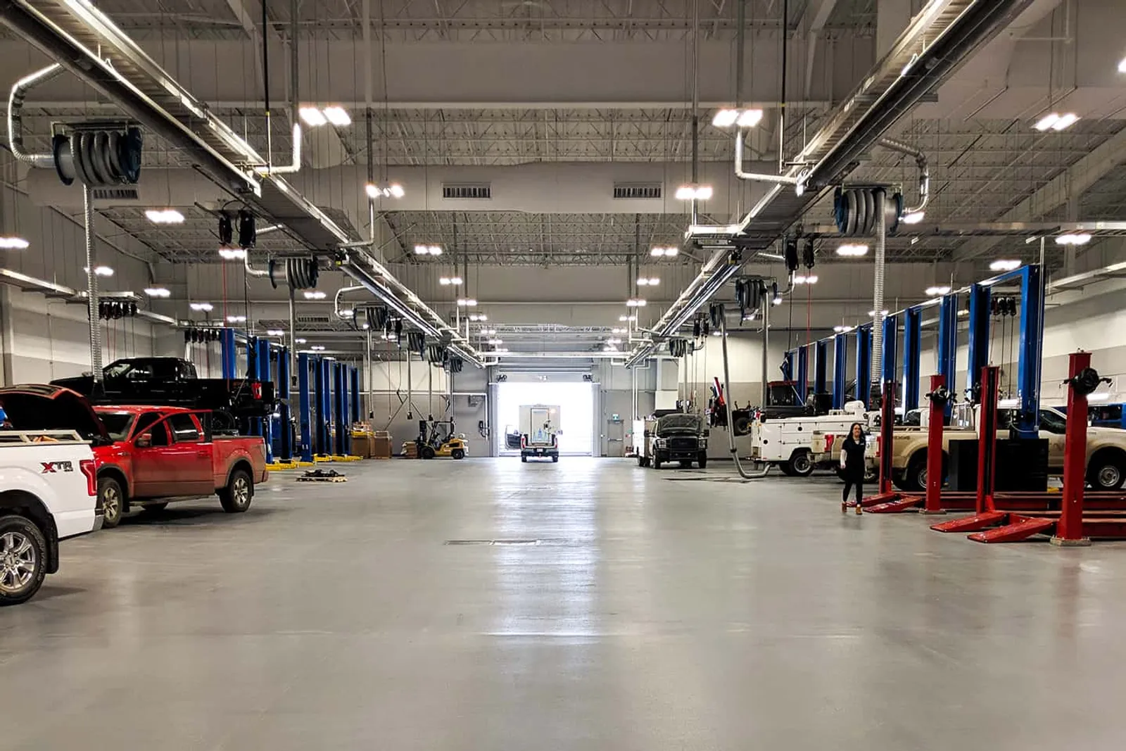 The Windsor Ford service shop in Grande Prairie, trucks parked by the vehicle lifts