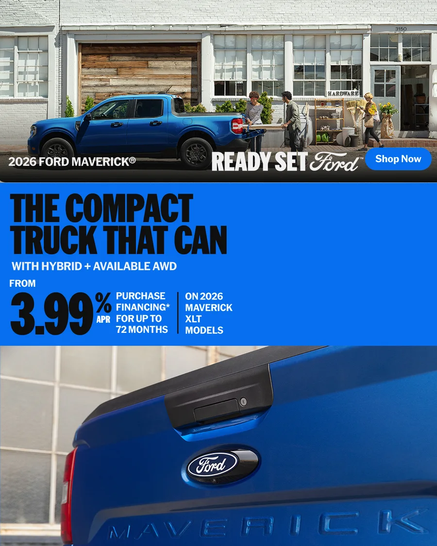 The compact truck that can, with hybrid and available AWD — purchase financing from 3.99% APR for up to 72 months on 2026 Maverick XLT models.