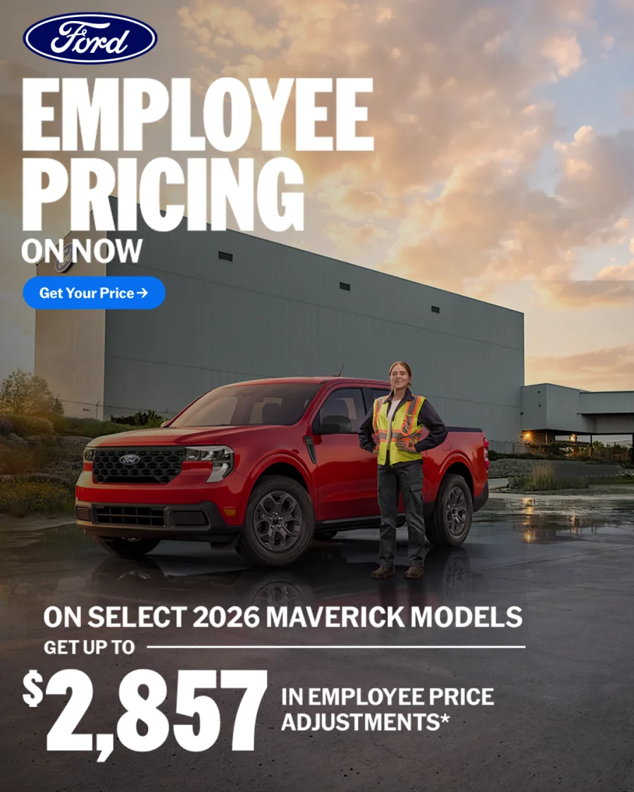 Ford Employee Pricing is on now — get up to $2,857 in employee price adjustments on select 2026 Maverick models.